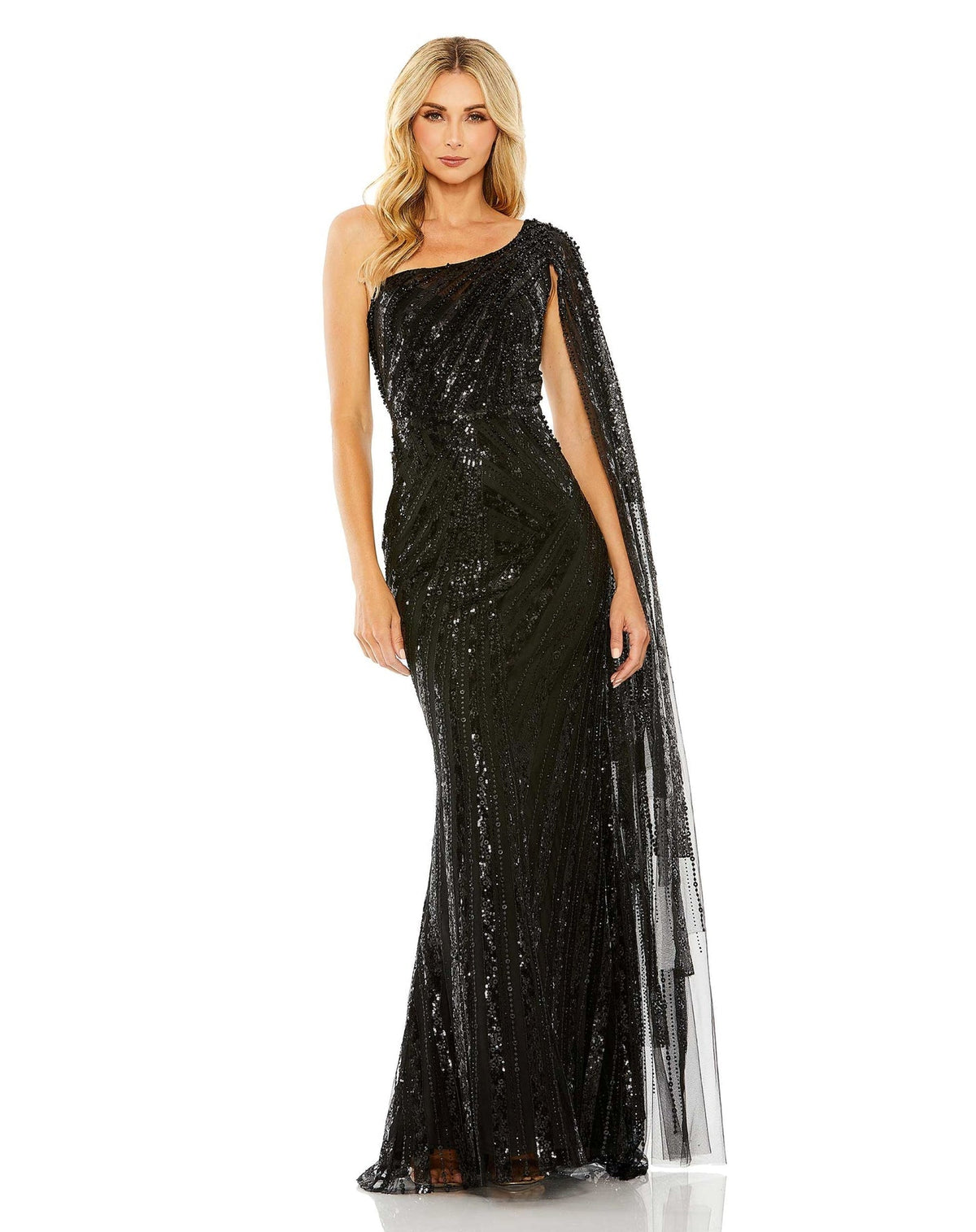 Mac Duggal Style #20528 One shoulder cap sleeve embellished gown - Black Sequin