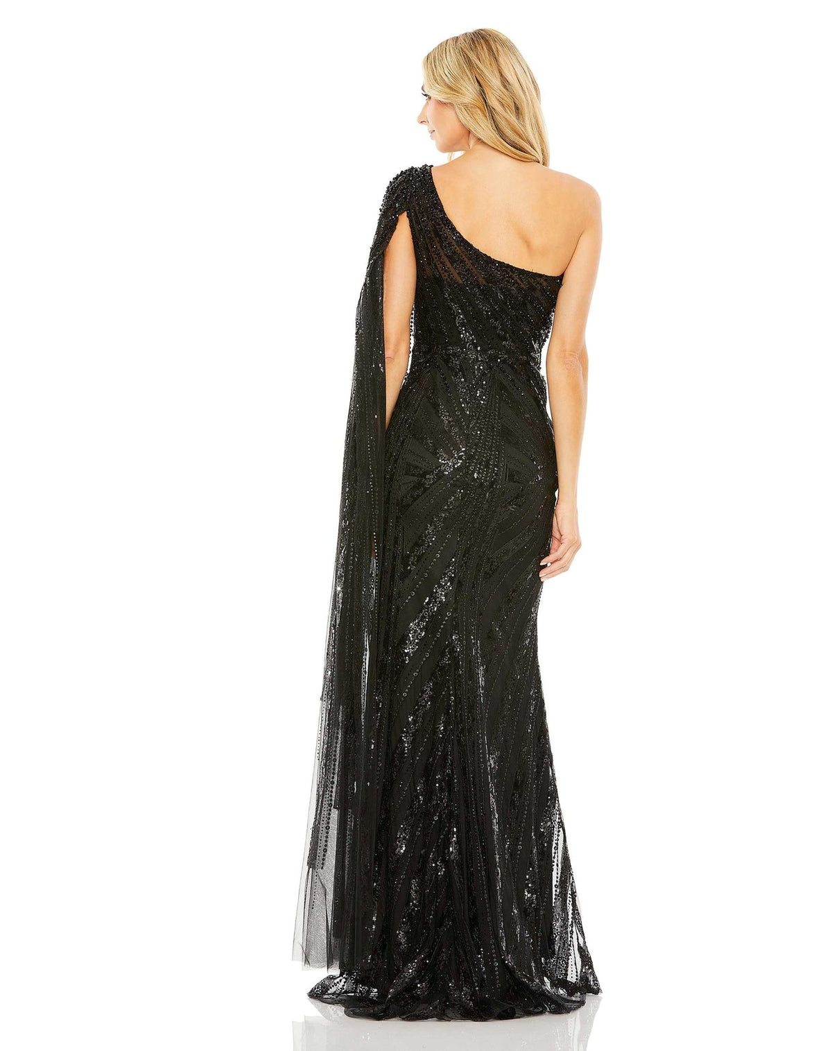 Mac Duggal Style #20528 One shoulder cap sleeve embellished gown - Black Sequin back view