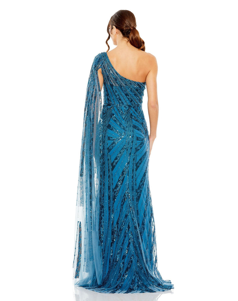 Mac Duggal Style #20528 One shoulder cap sleeve embellished gown - Blue Sequin back view