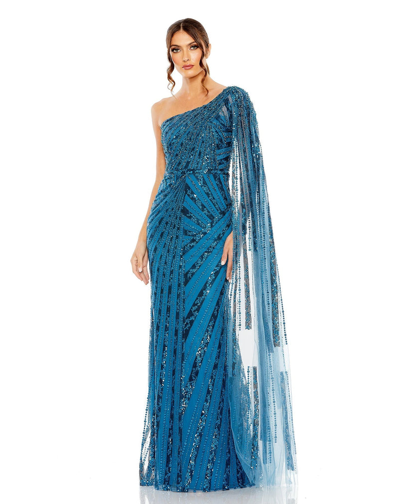 Mac Duggal Style #20528 One shoulder cap sleeve embellished gown - Blue Sequin