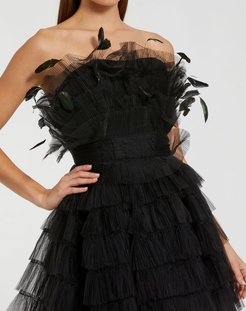 Feathered Strapless Tulle Fit and Flare Dress - Blue