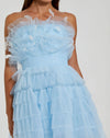 Feathered Strapless Tulle Fit and Flare Dress - Blue