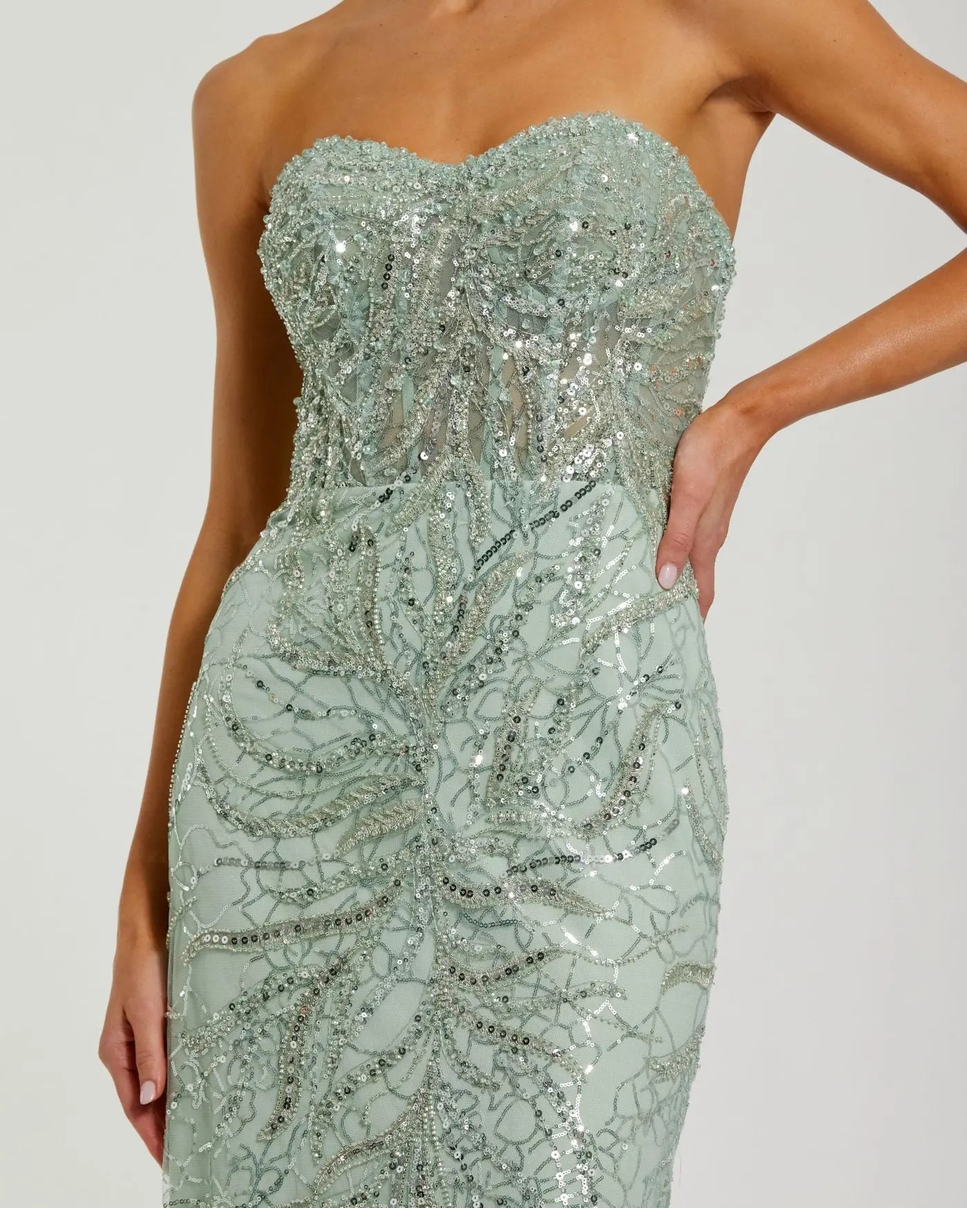 Mac Duggal #20544 Jade beaded sequin strapless trumpet gown detail