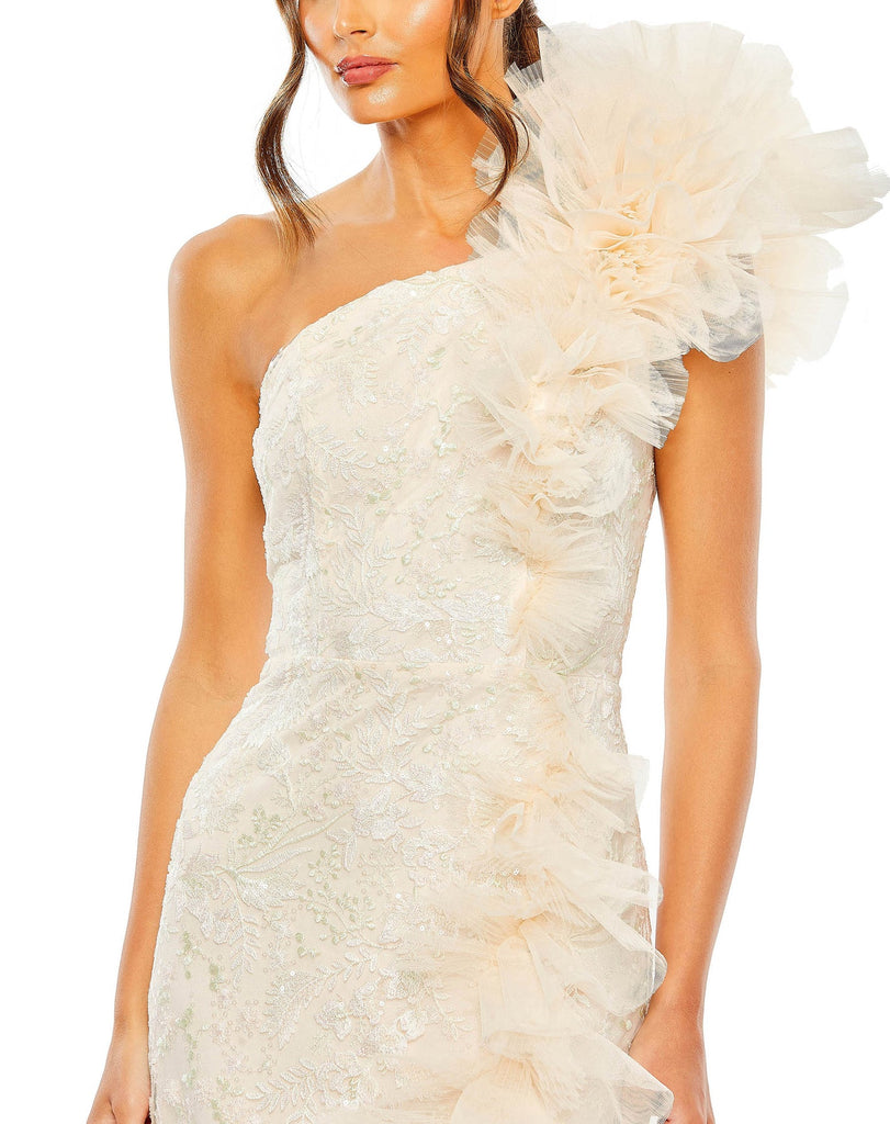 Style #20548 Designer: Mac Duggal ONE SHOULDER RUFFLE HIGH LOW TULLE GOWN close up