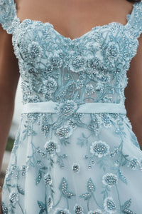 Blue floral embroidered sweetheart neckline midi dress