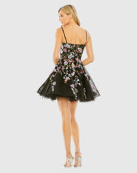 Thin Strap Floral Embroidered Mini Dress - Black