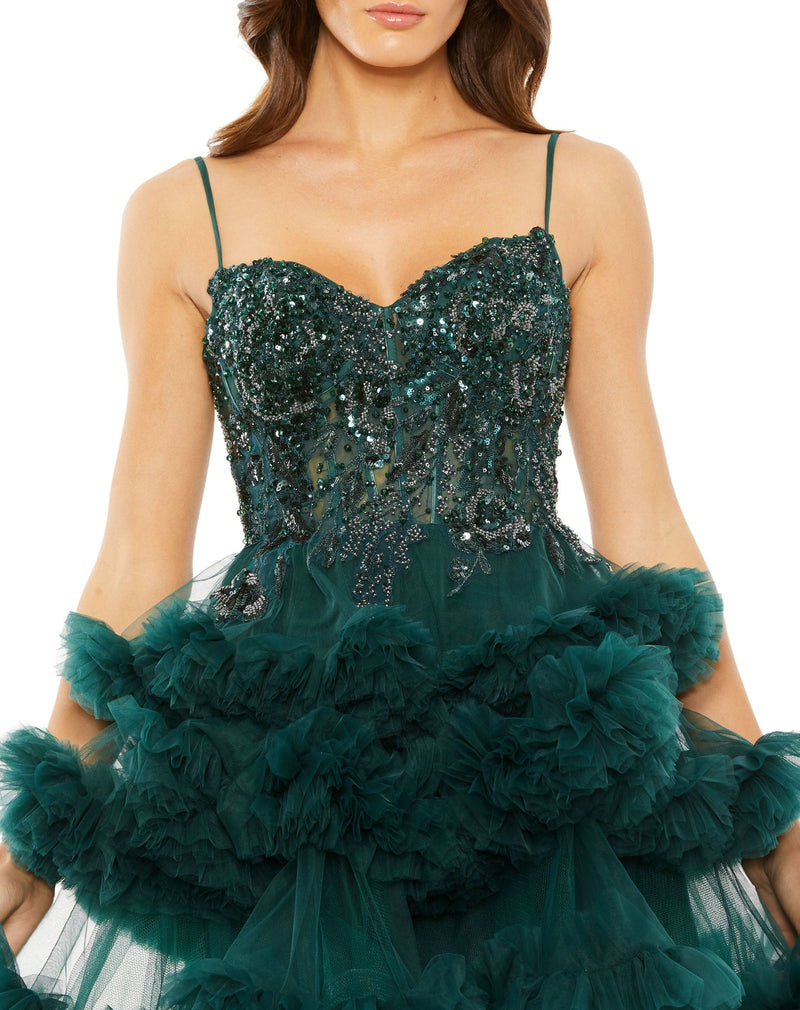 THIN STRAP BEADED BODICE TIERED TULLE DRESS - EMERALD GREEN close up