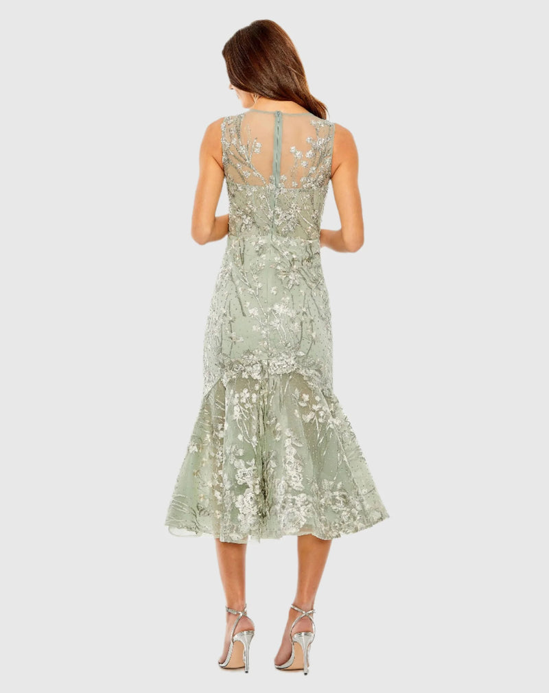 Sleeveless Embroidered Detail Mermaid Dress - Sage