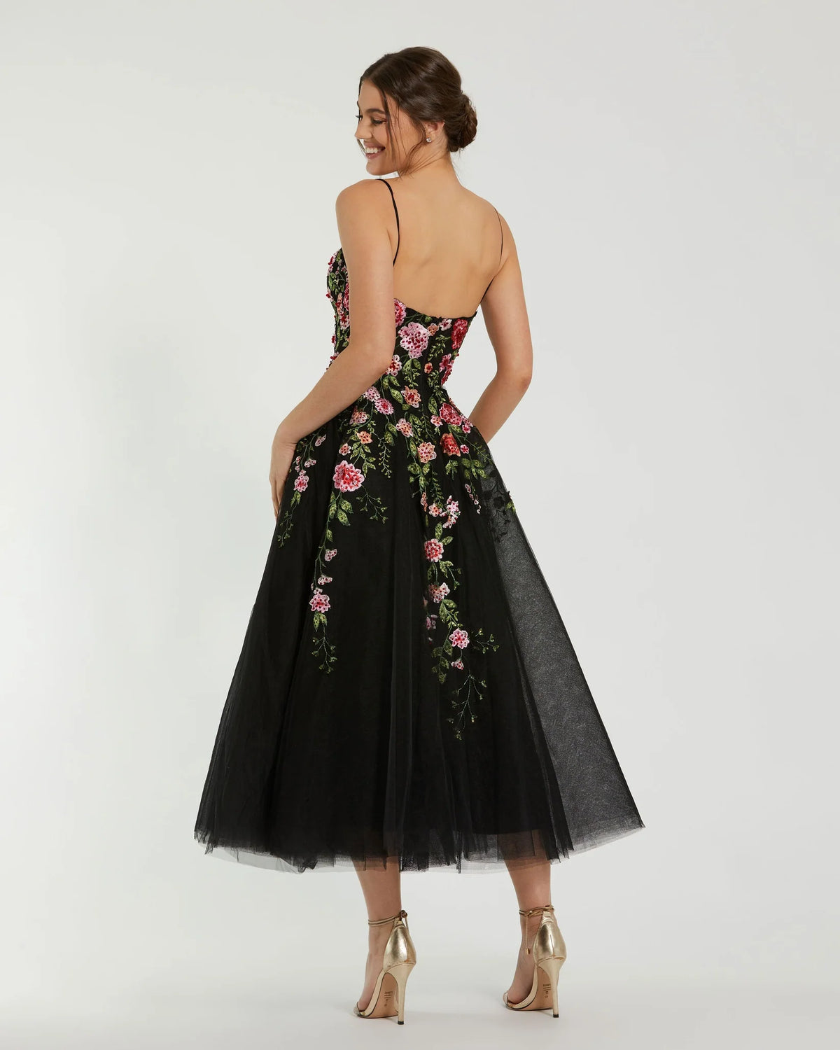Slim Strap Sheer Bustier Embroidered Dress - Black