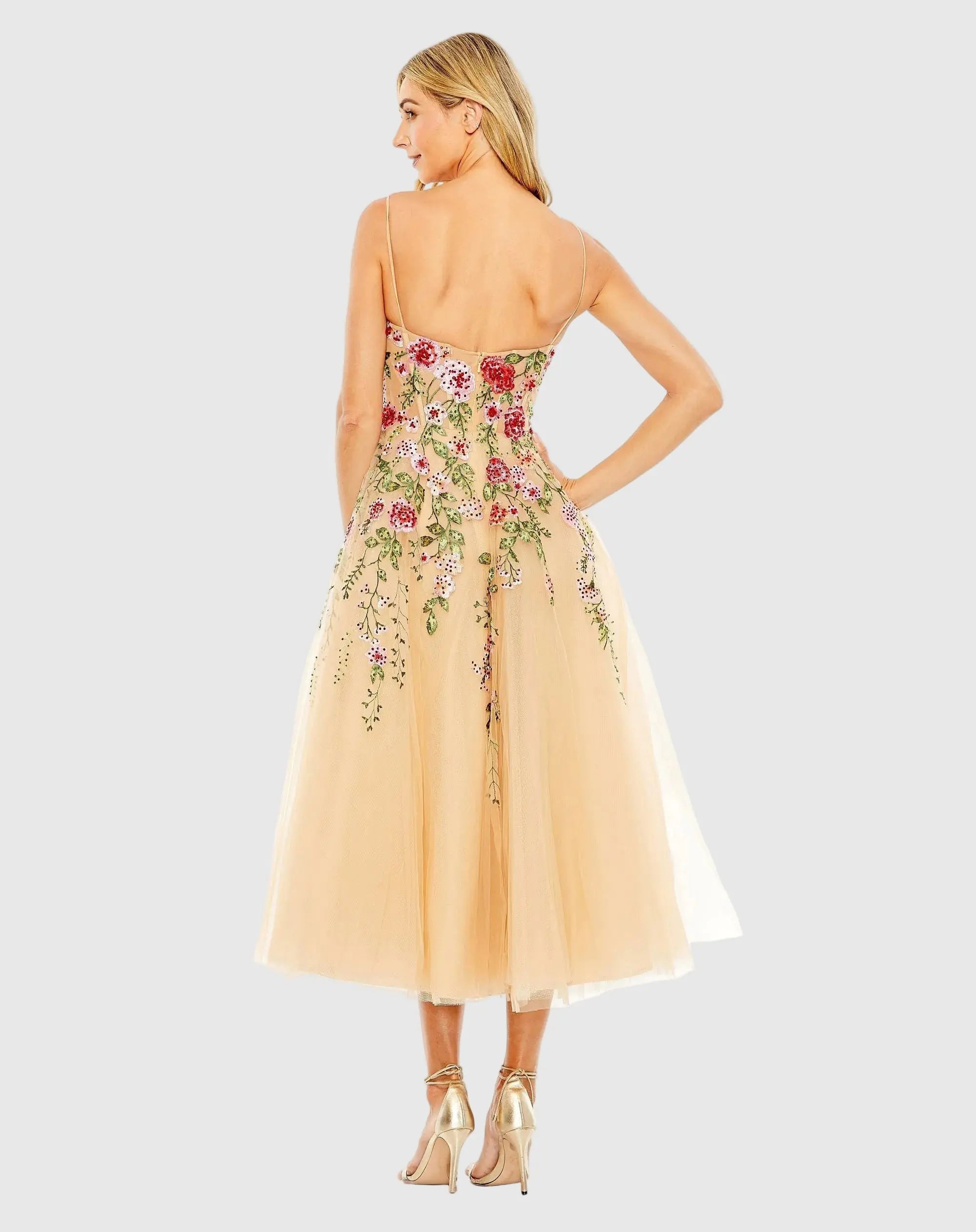 Mac Duggal #20651 nude multi bustier embroidered floral a-line dress