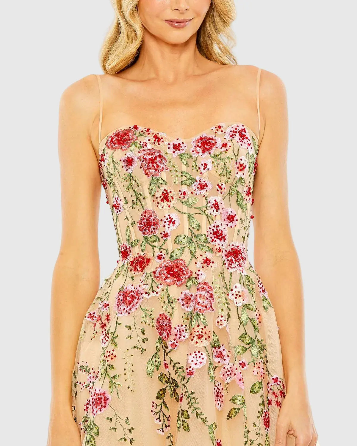 Mac Duggal #20651 nude multi bustier embroidered floral a-line dress