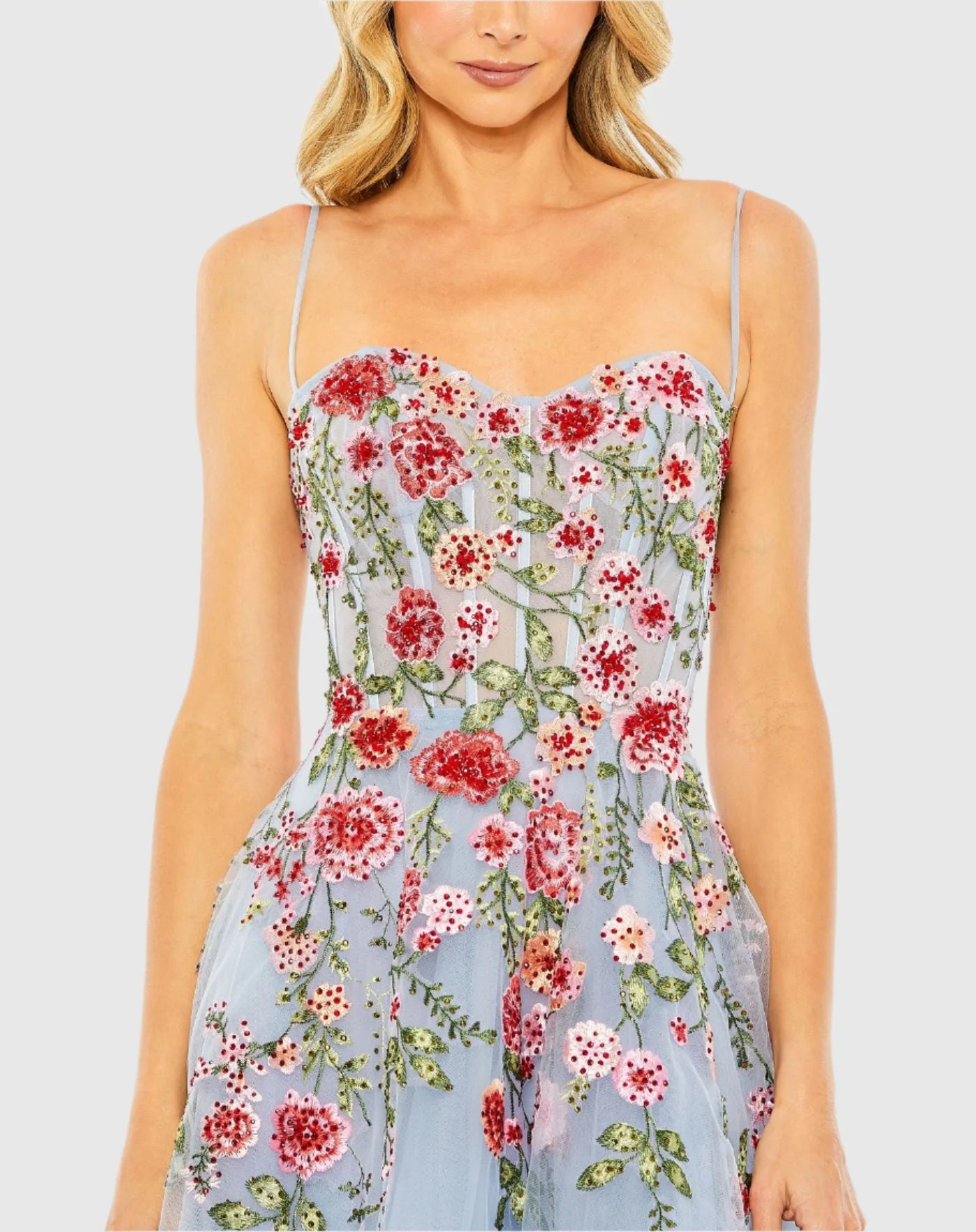 【Mac Duggal】 ストラップレス ミディ シースドレス Mac Duggal #20651 Slim Strap Sheer Bustier Embroidered Dress