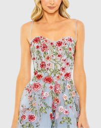 Slim Strap Sheer Bustier Embroidered Dress - Black