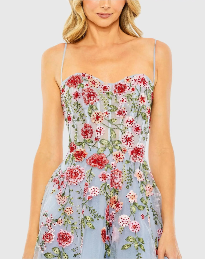Slim Strap Sheer Bustier Embroidered Dress - Black
