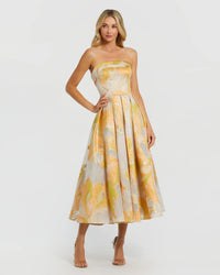 Mac Duggal Beige and Orange Strapless Brocade Midi Dress with Pockets #20724 Peac