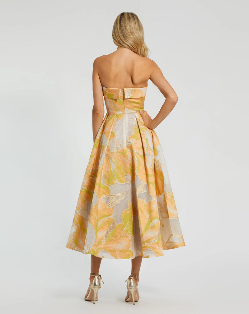 Brocade Strapless Floral Gown - Peach