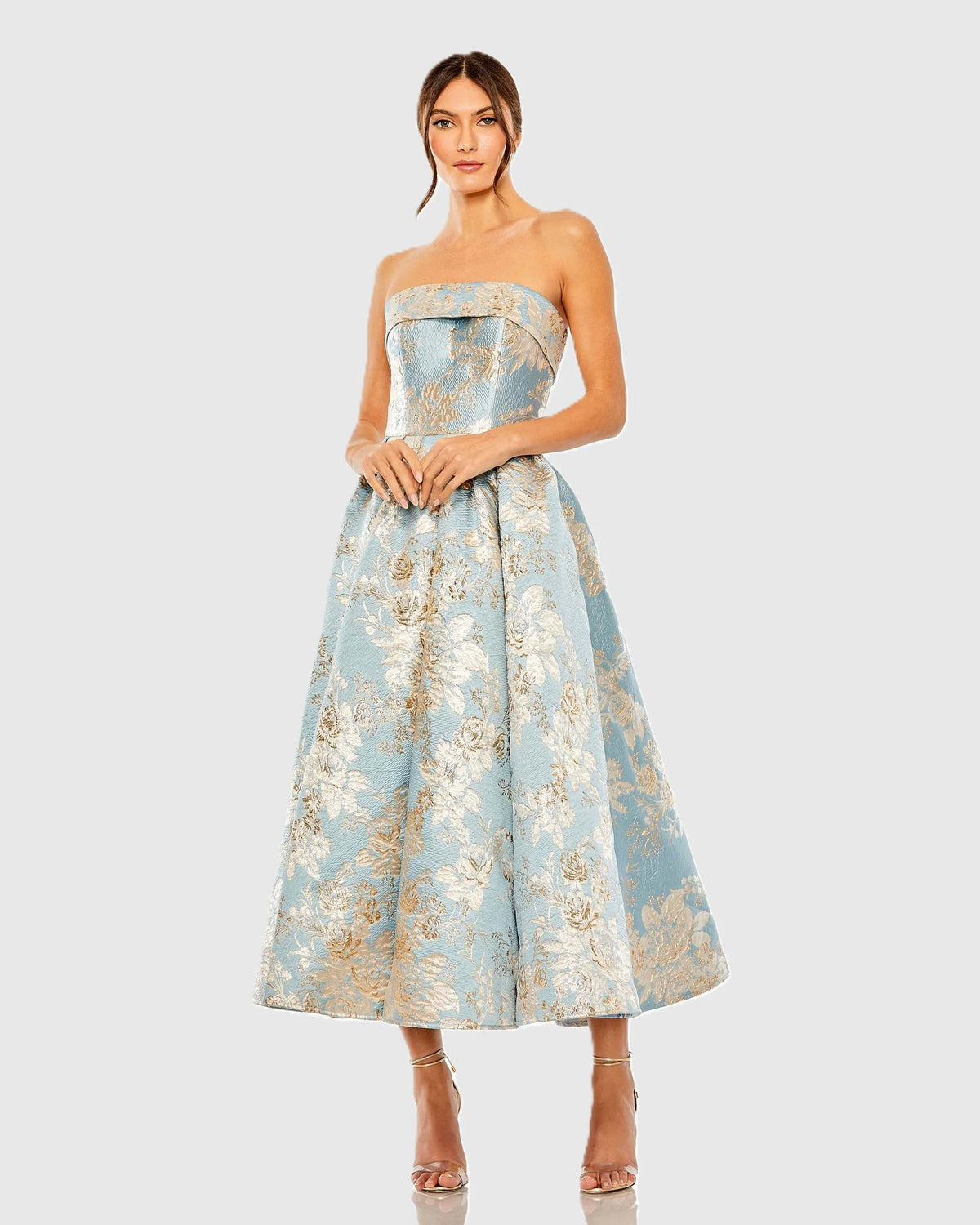 Mac Duggal 20726 Blue Multi strapless brocade midi dress with pockets - front