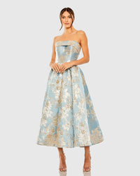 Mac Duggal 20726 Blue Multi strapless brocade midi dress with pockets - front