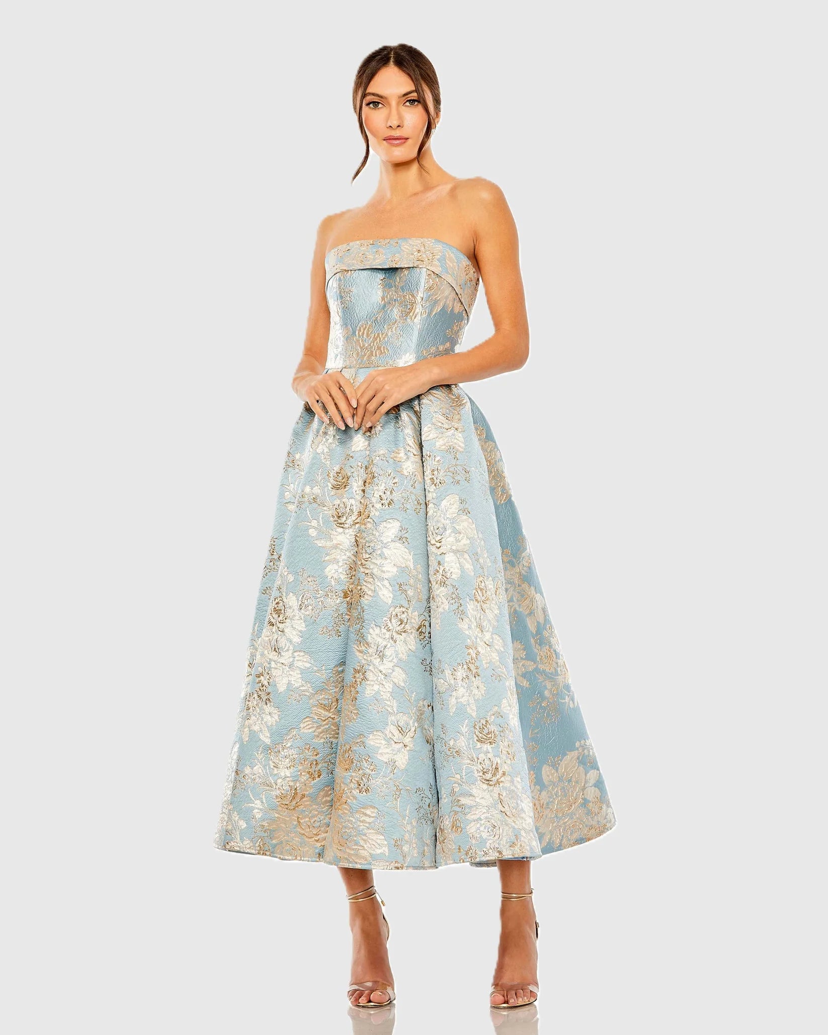 Mac Duggal 20726 Blue Multi strapless brocade midi dress with pockets - front