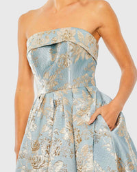 Mac Duggal 20726 Blue Multi strapless brocade midi dress with pockets - detail