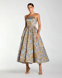 Mac Duggal #20726 periwinkle multi strapless brocade midi dress