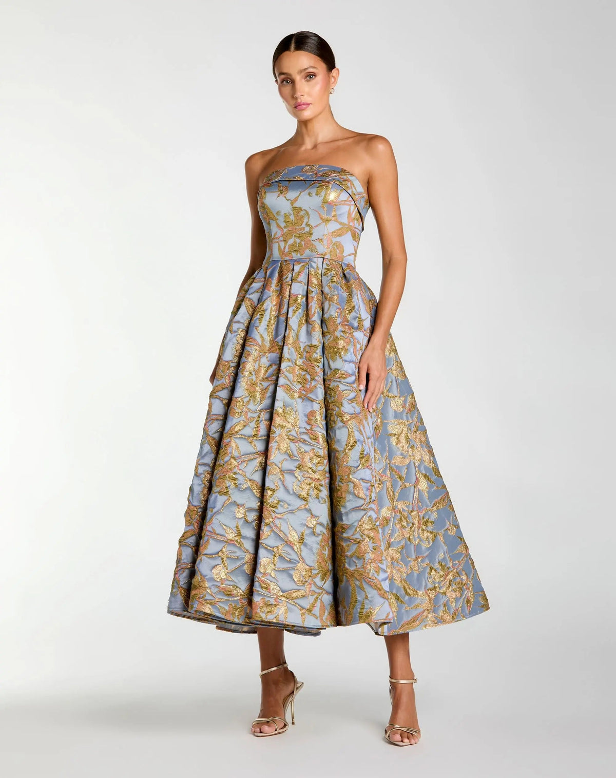 Mac Duggal #20726 periwinkle multi strapless brocade midi dress
