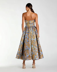 Mac Duggal #20726 periwinkle multi strapless brocade midi dress back