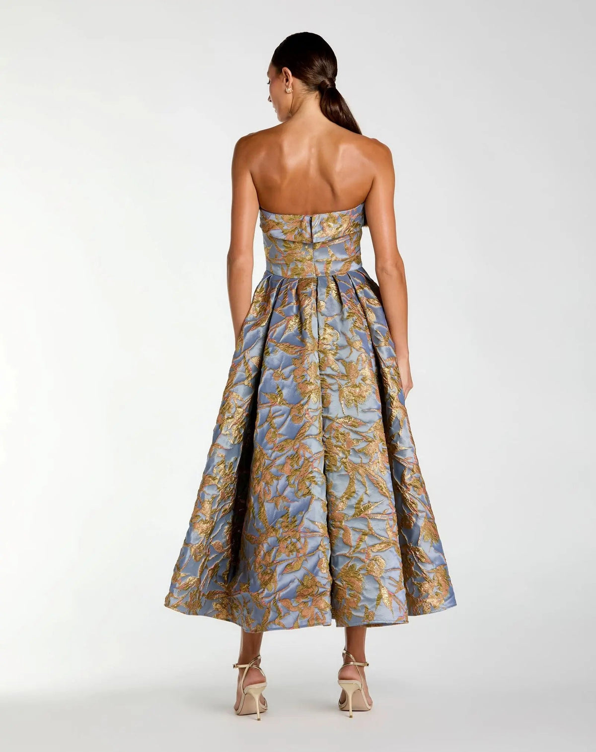 Mac Duggal #20726 periwinkle multi strapless brocade midi dress back