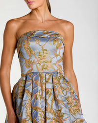 Mac Duggal #20726 periwinkle multi strapless brocade midi dress close-up