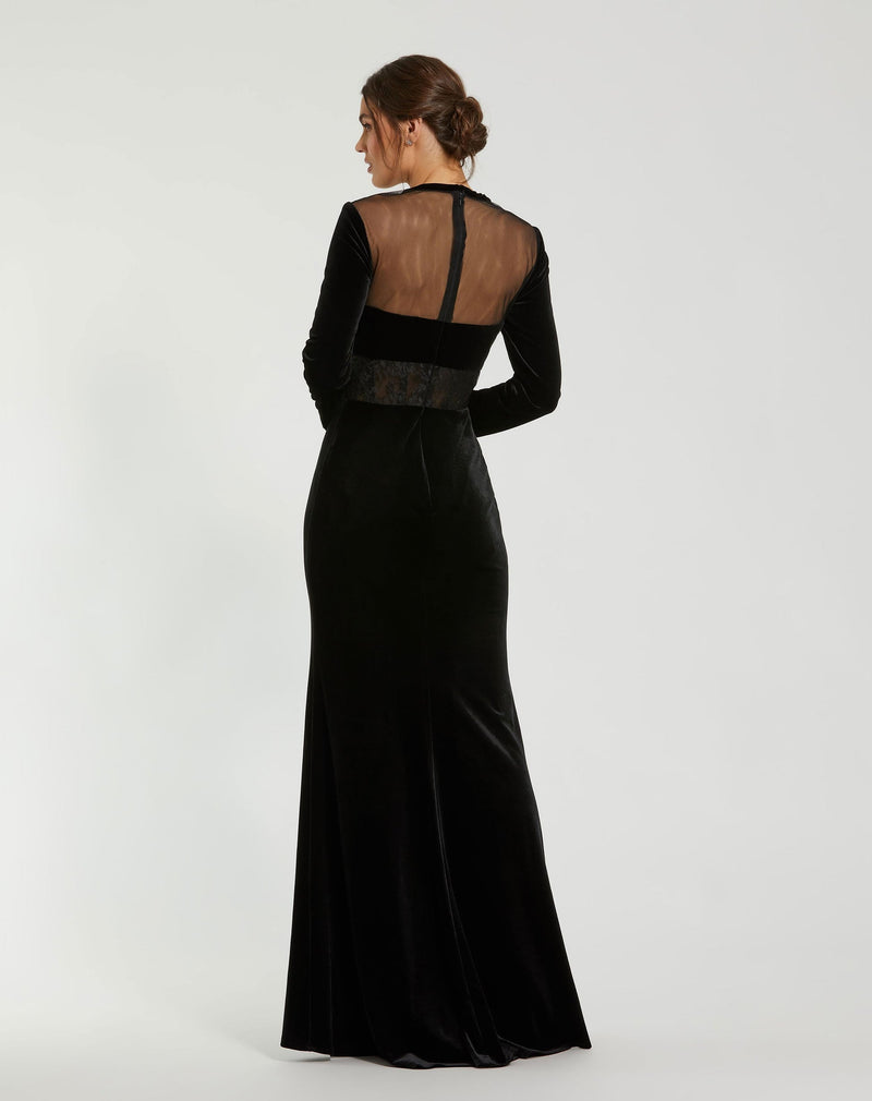 Long Sleeve Sheer Top Lace Bustier Gown - Black