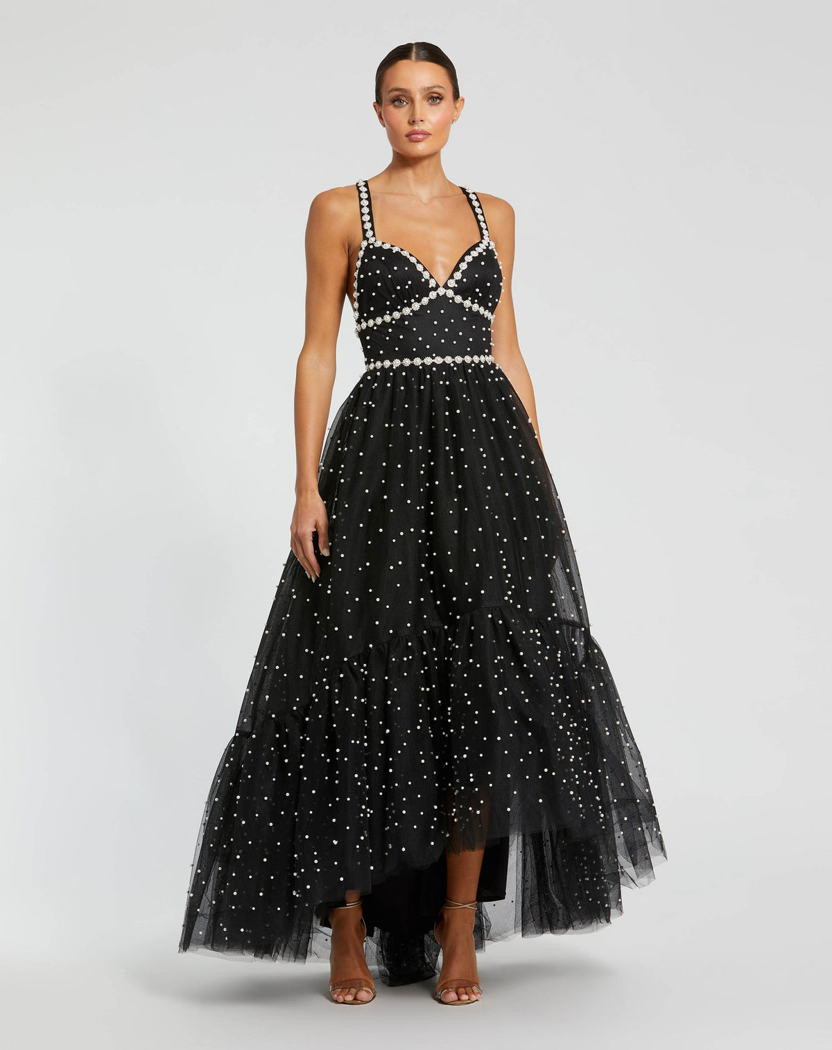 Pearl Beaded High Low Gown - Black