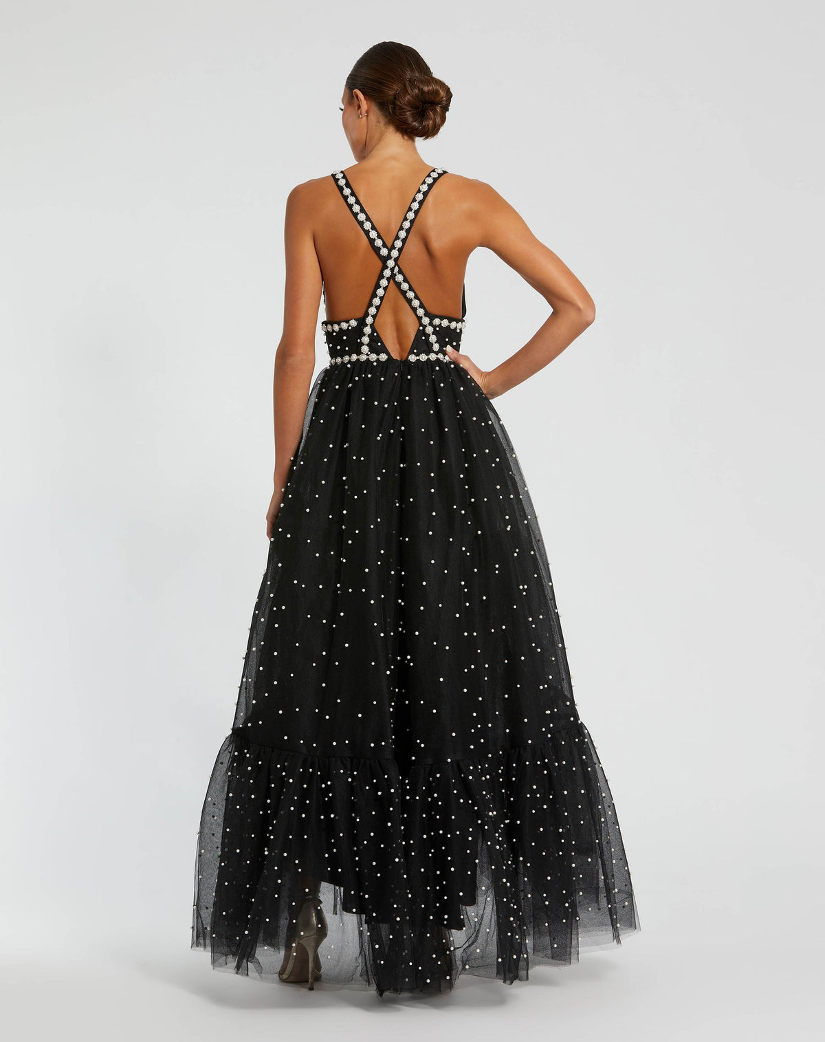 Pearl Beaded High Low Gown - Black