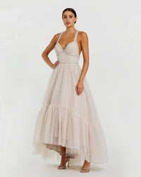 Mac Duggal #27539 Polka Dot Bustier A Line Midi Dress Porcelain Ivory