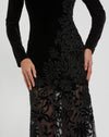 Long Sleeve Sheer Floral Embroidered Velvet Gown - Black
