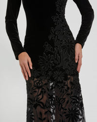 Long Sleeve Sheer Floral Embroidered Velvet Gown - Black