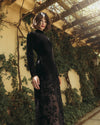 Long Sleeve Sheer Floral Embroidered Velvet Gown - Black