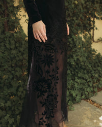Long Sleeve Sheer Floral Embroidered Velvet Gown - Black