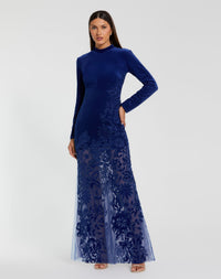 Mac Duggal #20756 cobalt long sleeve sheer floral embroidered velvet dress