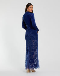 Mac Duggal #20756 cobalt long sleeve sheer floral embroidered velvet dress