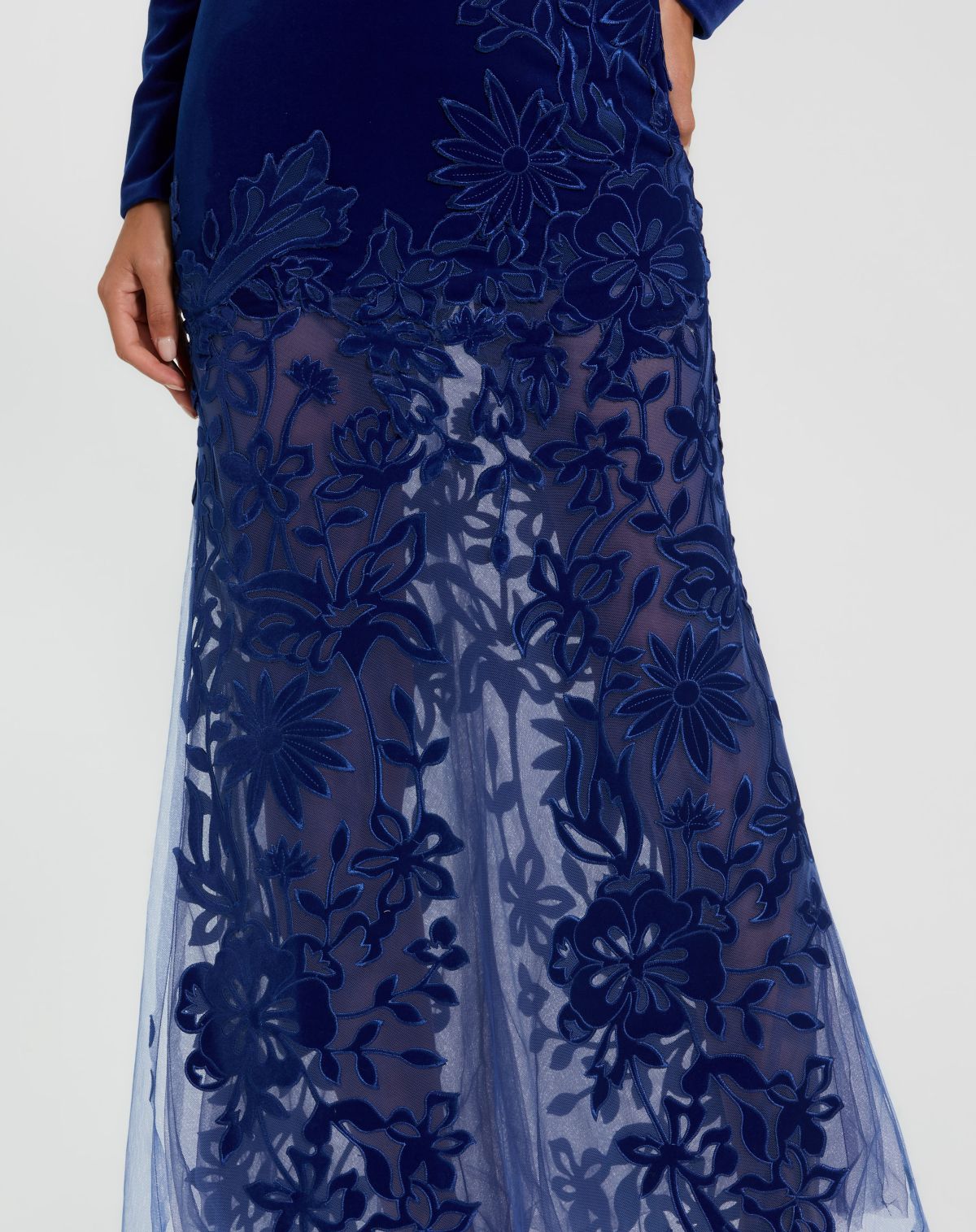 Mac Duggal #20756 cobalt long sleeve sheer floral embroidered velvet dress