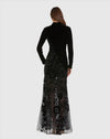 Long Sleeve Sheer Floral Embroidered Velvet Gown - Black