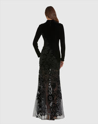 Long Sleeve Sheer Floral Embroidered Velvet Gown - Black