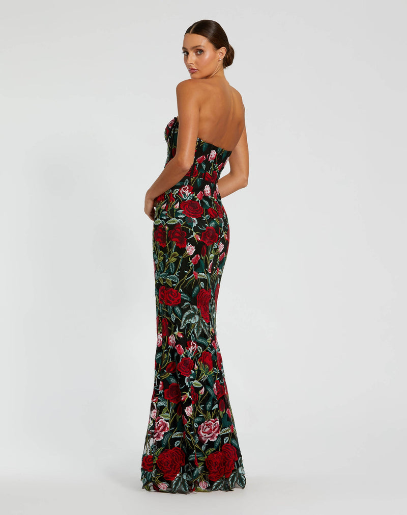 Strapless Floral Embroidered Rose Gown - Black