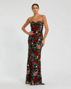 Strapless Floral Embroidered Rose Gown - Black