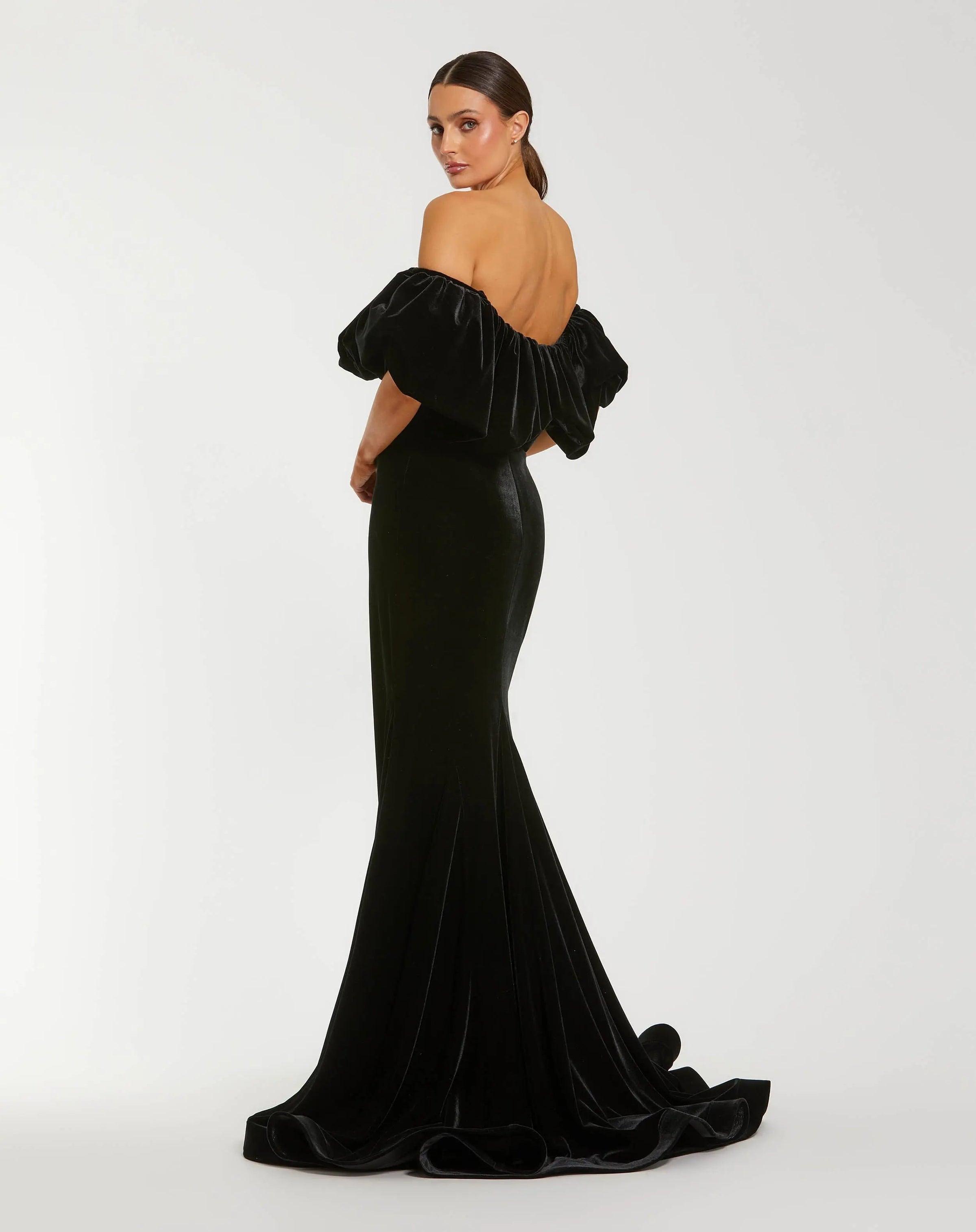 Black Off The Shoulder Velvet Bustier Mermaid Gown - Back