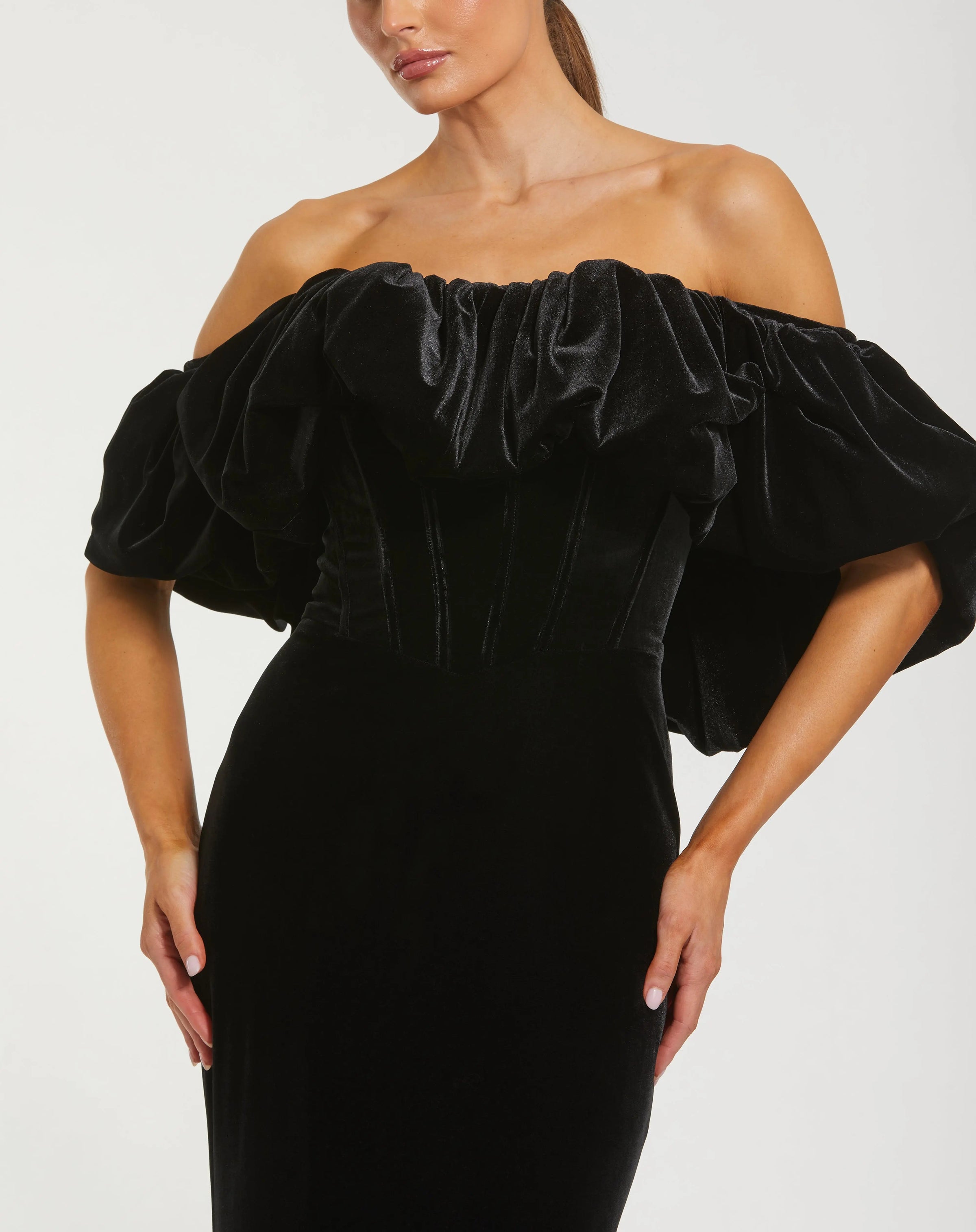 Black Off The Shoulder Velvet Bustier Mermaid Gown - Close Up