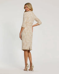 Beige Beaded Trim Boucle Midi Dress with 3/4 Sleeves - Back