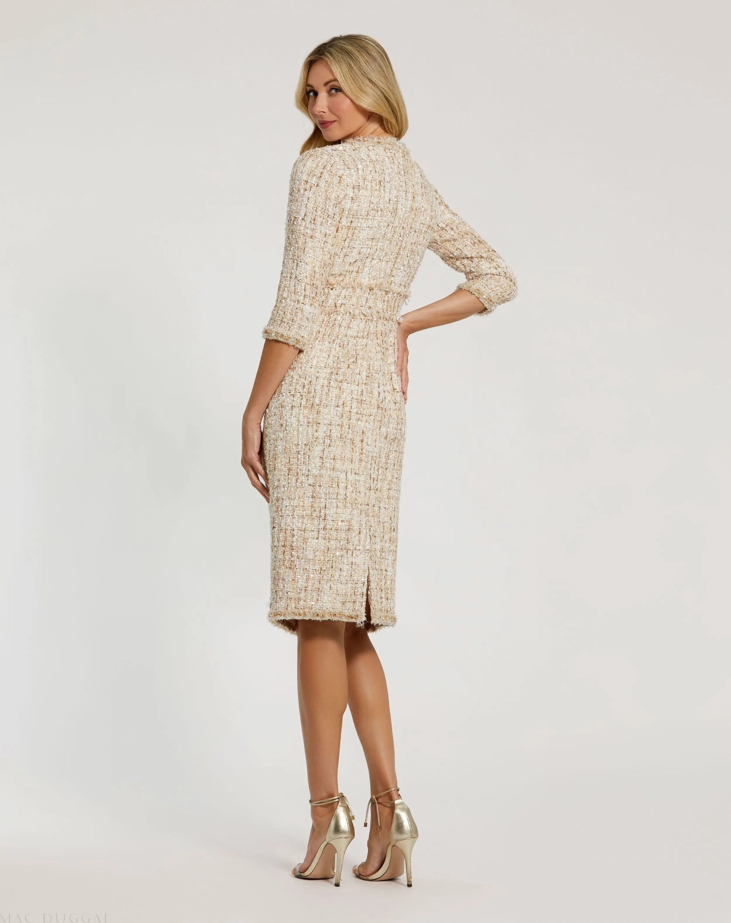 Beige Beaded Trim Boucle Midi Dress with 3/4 Sleeves - Back