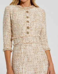 Beige Beaded Trim Boucle Midi Dress with 3/4 Sleeves - Close Up