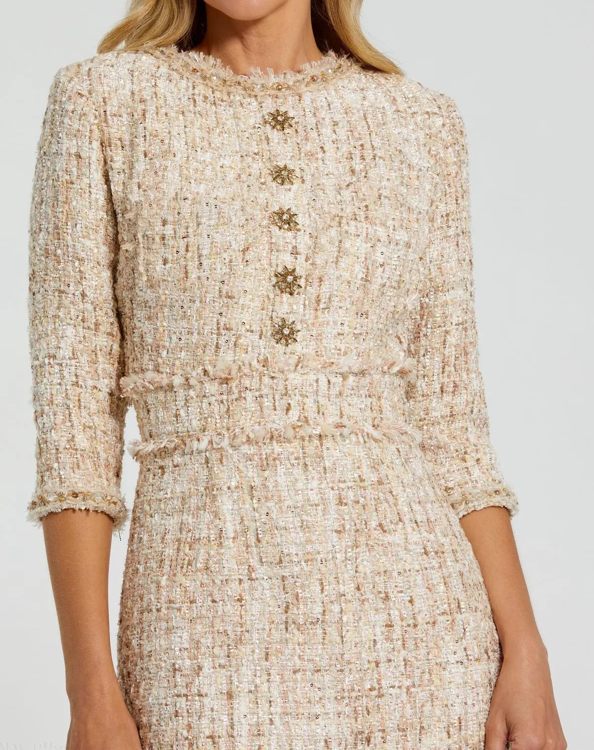 Beige Beaded Trim Boucle Midi Dress with 3/4 Sleeves - Close Up